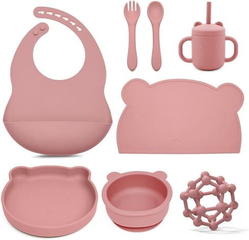 مجموعة تغذية الأطفال المصنوعة من السيليكون - وعاء شفط للأطفال الصغار، مريلة، كوب سيبي، ملاعق، شوك، مفارش ألعاب التسنين - مجموعة أطباق التغذية الذاتية للأطفال من عمر 6 أشهر فما فوق - مستلزمات فطام الأطفال - ألوان جزئية in Kuwait