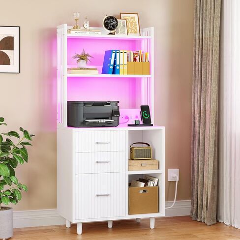 YITAHOME File Cabinet with Charging Station and Lighting, 3 Drawer Wood File Cabinet, Printer Stand with Open Storage Shelves for Home Office, White in Saudi Arabia