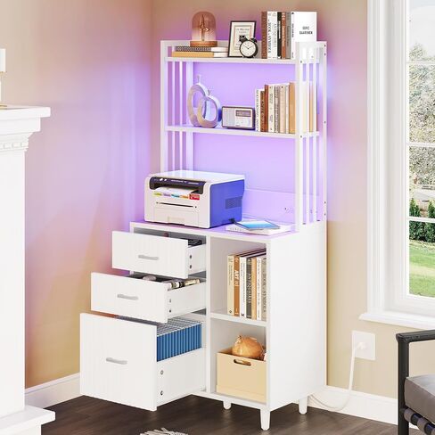 YITAHOME File Cabinet with Charging Station and Lighting, 3 Drawer Wood File Cabinet, Printer Stand with Open Storage Shelves for Home Office, White in Saudi Arabia