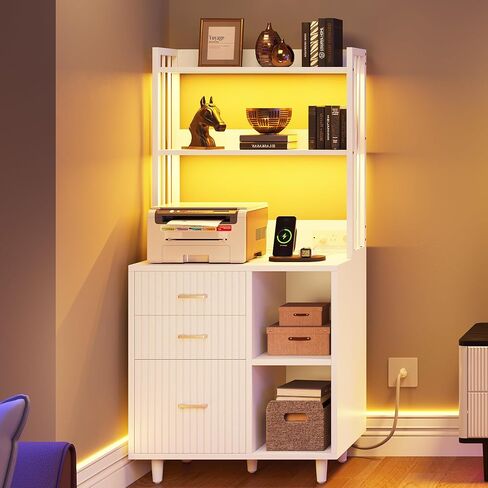 YITAHOME File Cabinet with Charging Station and Lighting, 3 Drawer Wood File Cabinet, Printer Stand with Open Storage Shelves for Home Office, White in Saudi Arabia