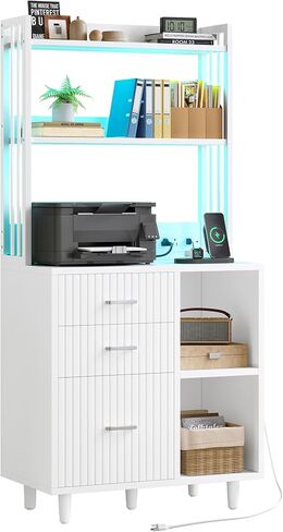 YITAHOME File Cabinet with Charging Station and Lighting, 3 Drawer Wood File Cabinet, Printer Stand with Open Storage Shelves for Home Office, White in Saudi Arabia