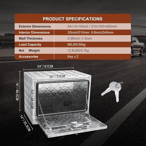 VEVOR Underbody Truck Box, 48" x 17" x 18" Pickup Storage Box, Heavy Duty Aluminum Diamond Plate Tool Box with Lock and Keys, Waterproof Trailer Storage Box with T-Handle Latch for Truck, Van, Trailer in Saudi Arabia