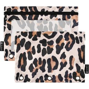 3 Ring Binder Pencil Pouch 2 Pack Leopard Heart Print Pencil Case Pencil Bags with Zipper, Clear PVC Binder Pockets for Office Daily Supplies