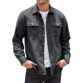 Men's Corduroy Jacket Button Down Shirts Casual Long Sleeve Shacket Jackets with Flap Pockets