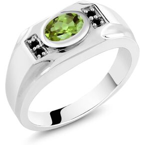 Gem Stone King Men's 925 Sterling Silver Green Peridot and Black Diamond Ring (1.46 Cttw, Gemstone August Birthstone, Oval 8X6MM, Available In Size 7, 8, 9, 10, 11, 12, 13)