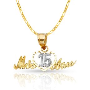 14K Two Tone Gold Sweet 15 Years Quinceanera Heart Mis 15 Anos Charm Pendant with 1.2mm Figaro 3+1 Chain Necklace
