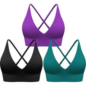 Sports Bras for Women Padded Adjustable Deep V Neck Bra Seamless Spaghetti Strap Criss Cross Light Impact Yoga Bras