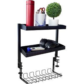 Burlywood 2-Tier Desk Shelves with Clamp-on Organizer for Top or Under Desk Storage