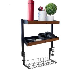 Burlywood 2-Tier Desk Shelves with Clamp-on Organizer for Top or Under Desk Storage in Kuwait