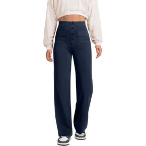 keriffe Women's Straight Leg Pants High Waisted Button Stretchy Business Work Casual Trousers Multiple Pockets