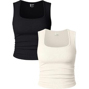 OQQ Womens 2 Piece Crop Tops Rueched Sleeveless Square Neck Stretch Basic Tank Shirts