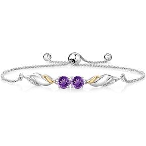 Gem Stone King Purple Amethyst and White Lab Grown Diamond Tennis Bracelet For Women in 925 Silver and 10K Yellow Gold | 0.97 Cttw | Gemstone Birthstone | Round 5MM | Fully Adjustable Up to 9 Inch