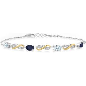 Gem Stone King 2.16 Cttw Sky Blue Aquamarine Blue Sapphire and Lab Grown Diamond 925 Silver and 10K Yellow Gold Bracelet For Women | Fully Adjustable Up to 7.5 Inch