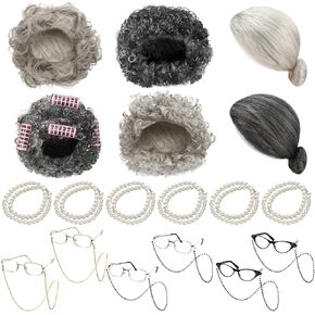 18 Pcs Old Lady Wig Costume Set Grandma Wig Granny Glasses Halloween Costume for Women Old Lady Cosplay Dress Party