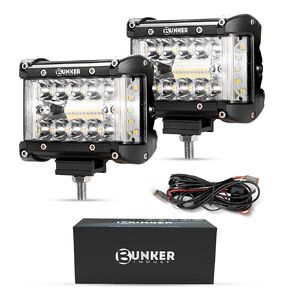 مجموعة أدوات تسخير الأسلاك LED من Bunker INDUST، قطعتان 4 بوصات شريط إضاءة LED 60 وات ضوء عمل مكعب مقاوم للماء أضواء ممتصة للصدمات للقيادة على الطرق الوعرة لمركبة ATV UTV شاحنة قارب جرار