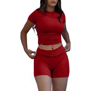 AYWA Women's Two Piece Sets Summer Slim Fitted Short Sleeve Tops Foldover Shorts Matching Lounge Sets