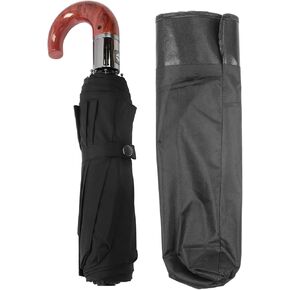 Zerodis Compact Windproof Travel Umbrella with Curved Wooden Handle Automatic Open Close UV Protection Ideal for Men and Women