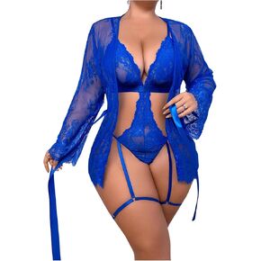 OYOANGLE Women's Plus Size 2 Piece Embroidery Lace Robe with Teddy Bodysuit Lingerie Set