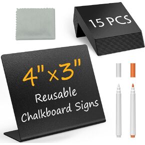 MaxGear 15 PCS 4"x3" Mini Chalkboard Signs for Food, Reusable Drink & Food Labels for Buffet, Party and Bakery, L-Style Price Chalkboards with 2 Liquid Chalk Markers and 1 Rag