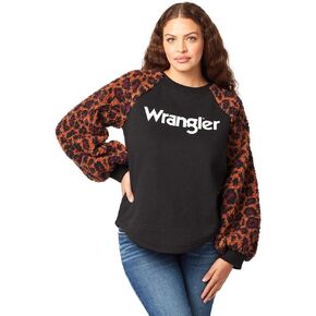 Wrangler Womens 112321386 Pullover with Logo and Leopard Print Sleeves L Black