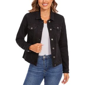 Anienaya Women's Stretchy Denim Jacket Long Sleeve Basic Trendy Button Up Trucker Jean Jackets