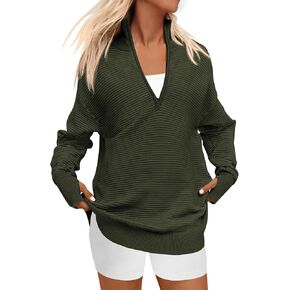 PRETTYGARDEN Womens Long Sleeve Quarter Zip Pullover Sweater Casual Loose V Neck Collared Ribbed Knit Jumper Tops Thumb Hole
