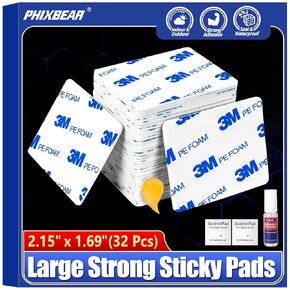 32 Pcs Large Double Sided Adhesive Tape Squares Heavy Duty, Made of 3M PE, Strong Sticky Pads Waterproof Heat Resistant, Extreme Mounting Foam Tape, Car Home Outdoor Use, 1.69x2.15 Inch