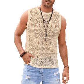 Verdusa Men's Sheer Lace Tank Tops Hollow Out Round Neck Sleeveless Shirt