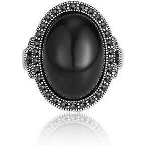 Black Rings for Women Vintage - Black Onyx Ring Gothic Moonstone - Statement Rings Antique Stone Marcasite Cocktail Jewelry