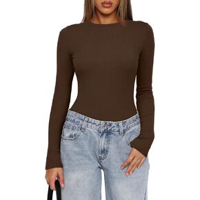 Darong Women's Long Sleeve Bodysuits Crew Neck Body Suits 2024 Basic One Piece Bodysuit Tops