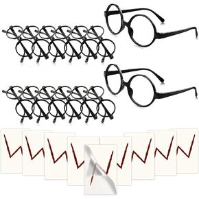 Wizard Glasses with Round Frame No Lenses Lightning Bolt Tattoos for Kids Adults Halloween Party Accessory