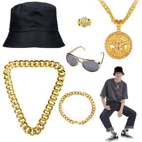 80s 90s Hip Hop Rapper Outfit Costume Kit Fake Gold Chain Bracelet Necklace Ring Hat Sunglasses Accessories