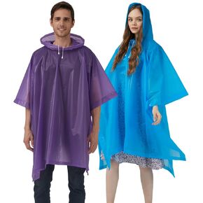 Rain Ponchos for Adults, 2 Pack Raincoats Jacket Reusbale with Drawstring Hood Sleeves for Women Men