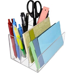 Acrylic Desk Organizer Clear Combination of File and Pen Holder 5-Section Office Desk Accessories Office Organization for File, Envelopes, Electronics, Pen, Cards and other small office supplies