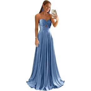 Bridesmaid Dresses A Line Wedding Guest Party Dresses Strapless Long Satin Sweetheart Prom Gown KF060