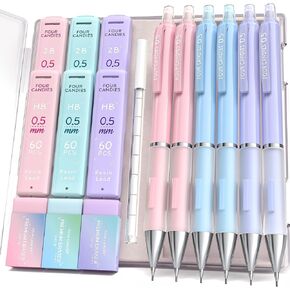 Four Candies 0.7mm Mechanical Pencil Set - 6PCS Cute Pencils with 360PCS HB & 2B Lead Refills, 3PCS Pastel Erasers and 9PCS Eraser Refills, Aesthetic School Supplies for Student Writing Drawing