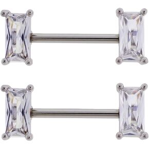 Pierced Owl 14GA 316L Stainless Steel Prong Set CZ Crystal Baguette Ends Nipple Barbells, Sold as a Pair
