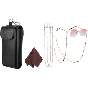 Fintie Double Glasses Case with Carabiner Hook, Black + 3 Pcs Eyeglasses Chains