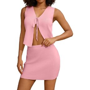 Women 2 Piece Sweater Skirts Outfits Set Tie Front Sleeveless Cami Tanks Slim Fit Bodycon Mini Skirt Sexy Dress Set