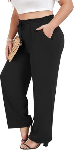 Syoss المرأة حجم كبير سراويل تقليدية عالية الخصر قابل للتعديل عقدة فضفاضة مستقيم بنطلون مع جيوب الأعمال العمل السراويل in Saudi Arabia