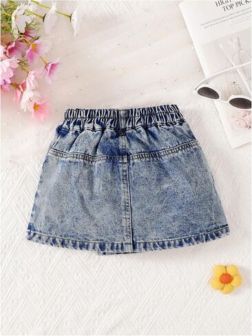 Girl's High Waisted Button Front Denim Skirt Asymmetrical Mini Jean Skirts with Pockets in Saudi Arabia