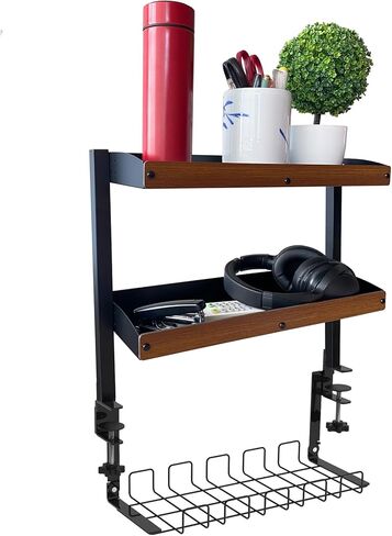 Burlywood 2-Tier Desk Shelves with Clamp-on Organizer for Top or Under Desk Storage in Kuwait