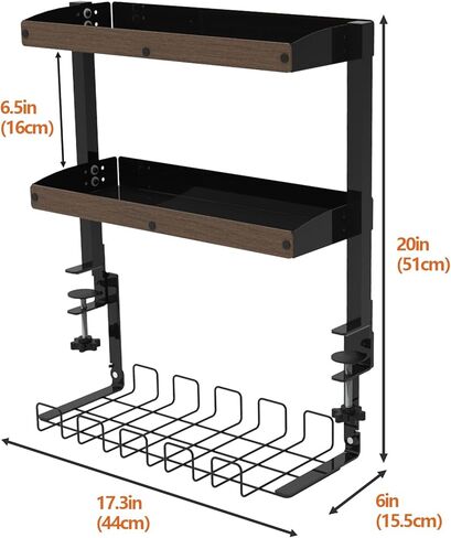 Burlywood 2-Tier Desk Shelves with Clamp-on Organizer for Top or Under Desk Storage in Kuwait