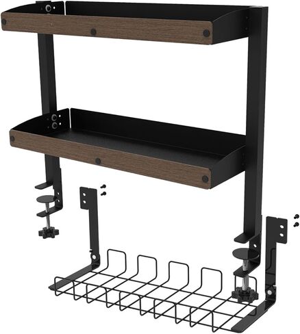 Burlywood 2-Tier Desk Shelves with Clamp-on Organizer for Top or Under Desk Storage in Kuwait