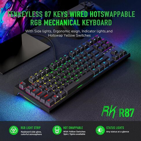 لوحة مفاتيح ميكانيكية RK ROYAL KLUDGE R87، تخطيط 75%، لوحة مفاتيح سلكية للألعاب قابلة للتبديل السريع، لوحة مفاتيح ألعاب كمبيوتر ماكرو مدمجة بإضاءة خلفية RGB و87 مفتاحًا لنظام Win Mac، مفتاح أصفر - أسود in Kuwait