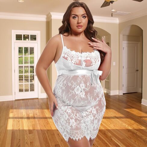 Plus Size Women Lingerie Sexy Lace Mesh Nightgown Lace Floral Chemise Babydoll Sleepwear S-5XL in Saudi Arabia