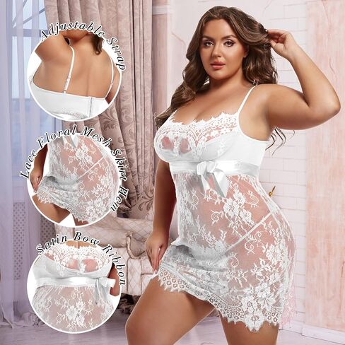 Plus Size Women Lingerie Sexy Lace Mesh Nightgown Lace Floral Chemise Babydoll Sleepwear S-5XL in Saudi Arabia