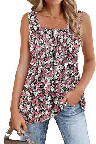 Zeagoo Women's Summer Tank Tops 2024 Pleated Square Neck Loose Fit Casual Flowy Tunic Sleeveless Shirts in Saudi Arabia