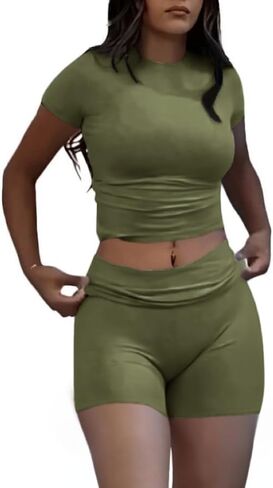 AYWA Women's Two Piece Sets Summer Slim Fitted Short Sleeve Tops Foldover Shorts Matching Lounge Sets in Saudi Arabia