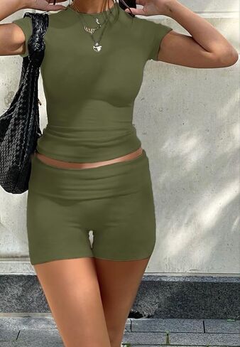 AYWA Women's Two Piece Sets Summer Slim Fitted Short Sleeve Tops Foldover Shorts Matching Lounge Sets in Saudi Arabia